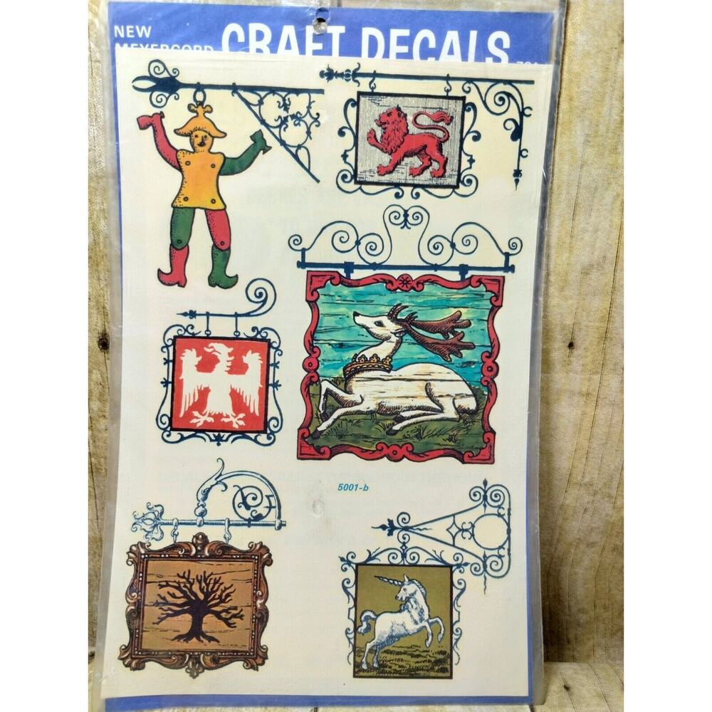 Vtg English Tavern Pub Shop Signs Meyercord Decal Sheet Deer Lion Unicorn Tree